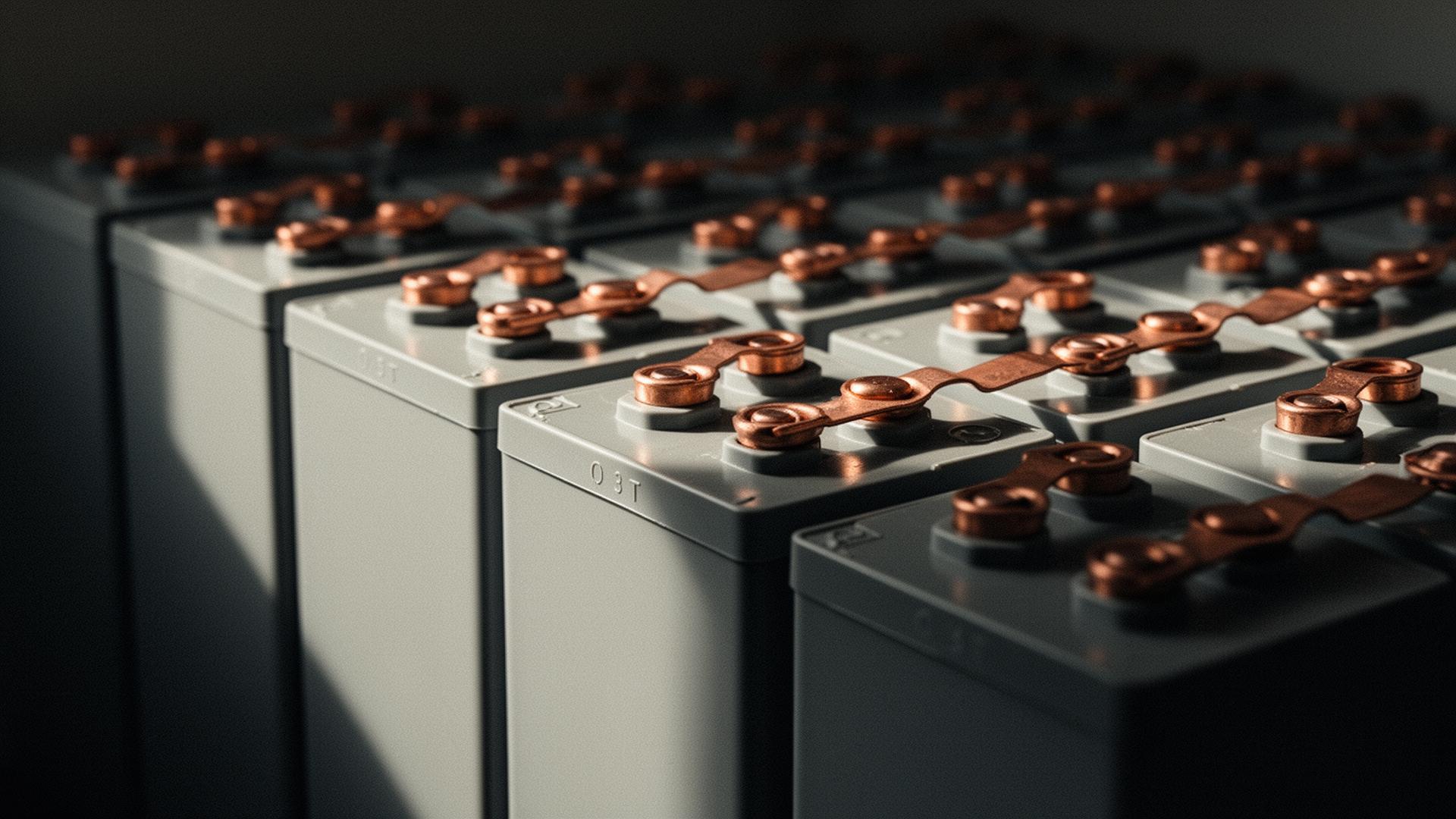 Close-up of industrial traction battery cells with copper connectors